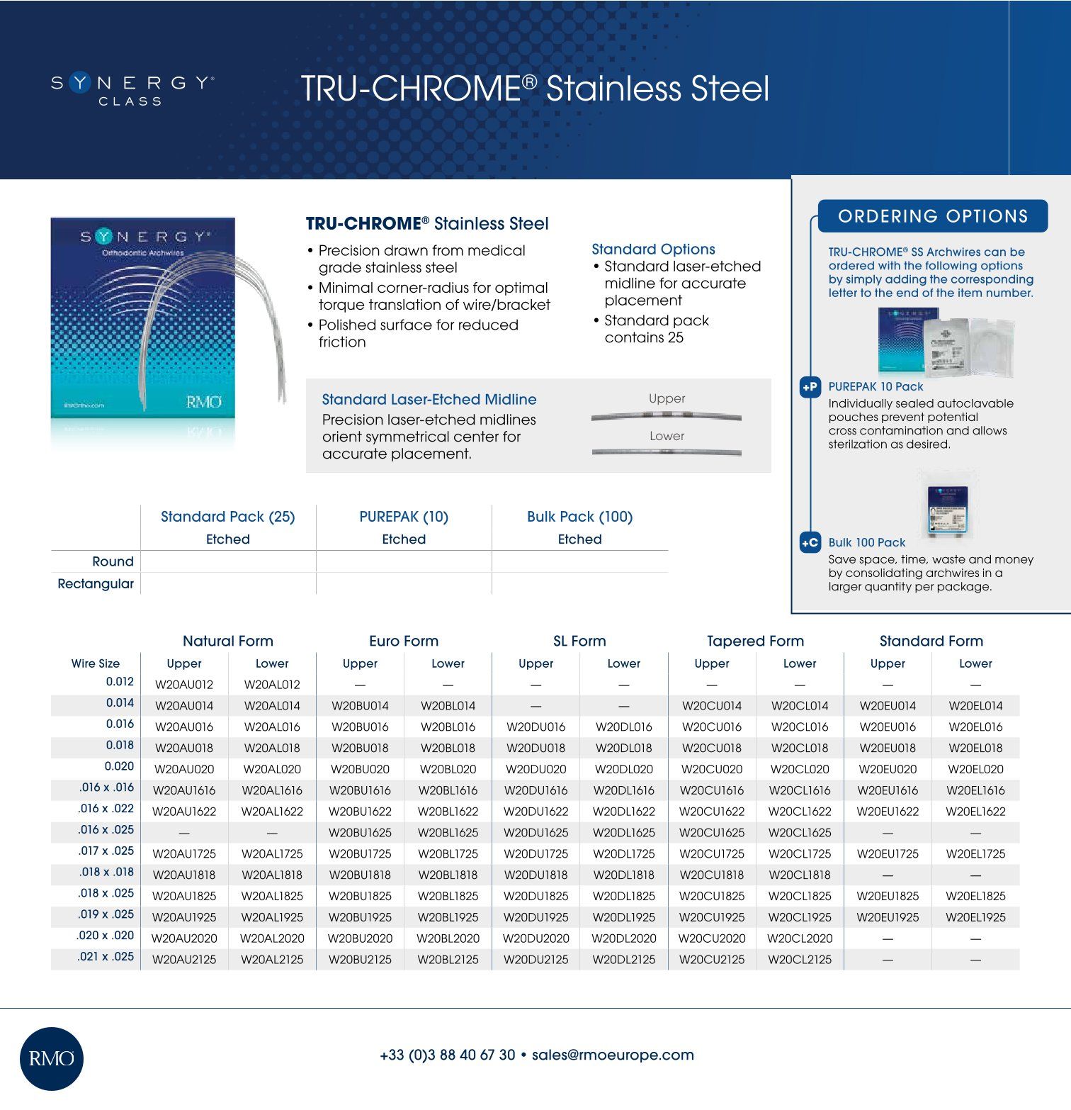 RMO TRU-CHROME ocelové oblouky .018x.025 horní Euro Form